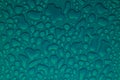 Water drops on deep turquoise or green background as saturated stylish texture, pattern with formless and round drops, top view.
