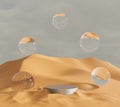 3d rendering water drops on desert with metal podium in the middile, sunscreen cream and moisturizer cream product concept