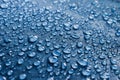 Rain Water droplets on blue fiber waterproof fabric.
