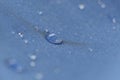 Water drops on the fabric. Rain Water droplets on blue fiber waterproof fabric. Water drops pattern over a waterproof