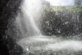 Water drops fall from behind a waterfall