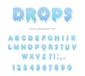 Water drops font design. Transparent glossy ABC letters and numbers. Vector Royalty Free Stock Photo