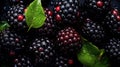 Water Drops on Group of Fresh Blackberries As Defocused Background Close Up