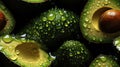 Water Drops on Group of Fresh Green Avocados As Background Selective Focus