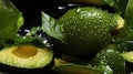 Water Drops on Group of Fresh Green Avocados As Background Selective Focus