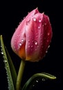 Water drops on pink tulip on dark background, AI Generated