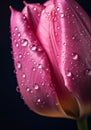 Water drops on pink tulip on dark background, AI Generated