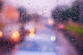 Water Drops Of Rain On Blue Glass Background. Street Bokeh Lights Royalty Free Stock Photo