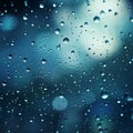 Water drops, raindrops on glass with blue bokeh background, abstract texture Royalty Free Stock Photo