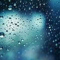 Water drops, raindrops on glass with blue bokeh background, abstract texture Royalty Free Stock Photo