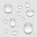 Water drops set on transparent background. Liquid droplets of rain and dew vector illustration. Wet clear aqua in light Royalty Free Stock Photo