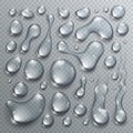 Water drops set vector realistic 3d elements collection, transparent dew condensation drops over transparency checker mesh, ready