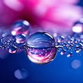 Water drops on water surface with pink flower background, macro photo. AI generated