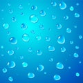 Water drops vector background. Rain condensation on a blue surface. Weather forecast. Liquid droplets, wet glass