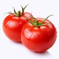 water drops visible on two tomato on white background generative AI