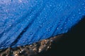 Water drops on waterproof nylon fabric. Macro detail view of texture of blue woven synthetic waterproof clothing. morning dew on Royalty Free Stock Photo