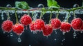 Water drops were created as a cluster of red berries splashed water onto the green surface Royalty Free Stock Photo