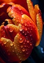 Water drops on yellow tulip on dark background, AI Generated