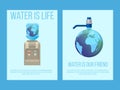 Water earth globe save concept vector illustration for posters with text water is life. Protection of nature for world Royalty Free Stock Photo