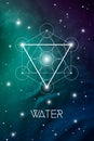 Water element symbol inside Metatron Cube and Flower of Life in front of outer space cosmic background. Sacred geometry