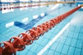 Water, empty swimming pool and lanes for competition, exercise and workout. Sports, swim and fitness with lane ropes or Royalty Free Stock Photo