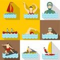 Water exercise icons set, flat style