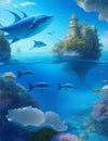 water fantasy world, endless vast ocean, flying fish, floating village illustration