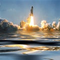 Water and fascinating liftoff of the rocket. Rocket shuttle spaceship is lifting from earth. Elements of image furnished by NASA