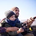 Water, father and son fishing bonding, outdoor and dad teaching boy in lake or pond together. Parent, male person and Royalty Free Stock Photo