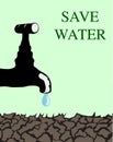 Water faucet tap with water drop over dry cracked land on light green background with message save water vector