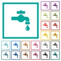 Water faucet with water drop flat color icons with quadrant frames