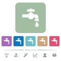 Water faucet with water drop flat icons on color rounded square backgrounds