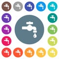 Water faucet with water drop flat white icons on round color backgrounds