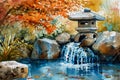 A water feature with a stone bridge and a Japanese style pagoda Royalty Free Stock Photo