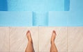 Water, feet and pov of man at a pool for swimming, leisure and summer, fun and relax. Barefoot, swimmer and legs of male Royalty Free Stock Photo