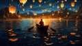 light water lantern celebration night lamp festival travel river boat. Generative AI.