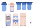 Water Filter Items Vector Set. Activated Carbon, Sediment And Membrane Filters. These Components Remove Impurities