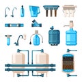 water filters. accessory for cleaning liquids purification processes waste treatment. vector containers in flat style