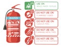 Water fire extinguisher with safe labels simple tips how to use icons flat vector illustration on white background