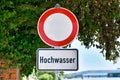 Water flood sign at German Rhine river saying `Hochwasser`