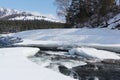 Water flow in the melting river among ice coast near mountains Royalty Free Stock Photo