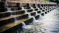 Water flowing down steps of stone wall