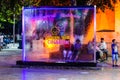 Water Flowing Glass Panes On Public Park At Night In Turkey