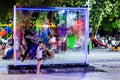 Water Flowing Glass Panes On Public Park At Night In Turkey
