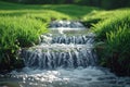 Water flowing into grass with a distant waterfall creating a serene and natural scene, nature and water image Royalty Free Stock Photo