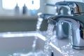 Water flowing from a modern, chrome-finished faucet against a blurred bathroom background Royalty Free Stock Photo