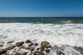 Water flowing and waves on the stone in the mediterranean sea at the Tel Aviv port, Israel Royalty Free Stock Photo