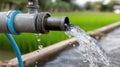 Water flows from an engine into a green rice field in Thailand, demonstrating essential irrigation techniques and agricultural Royalty Free Stock Photo