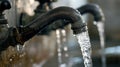 Water flows from the old faucet, close-up, selective focus. Royalty Free Stock Photo