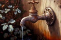 water flows from old garden tap painted with brown paint Royalty Free Stock Photo